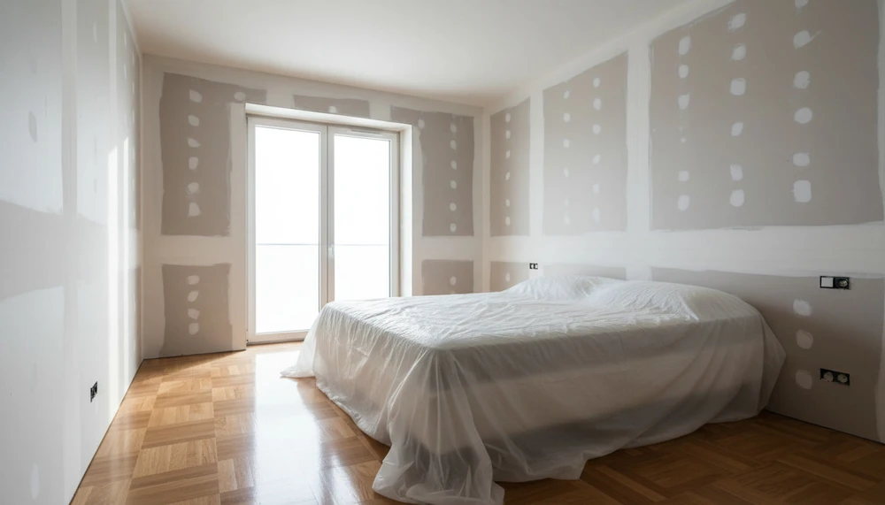 Intérieur moderne en cours de finition avec murs blancs, parquet bois foncé et éclairage LED indirect au plafond