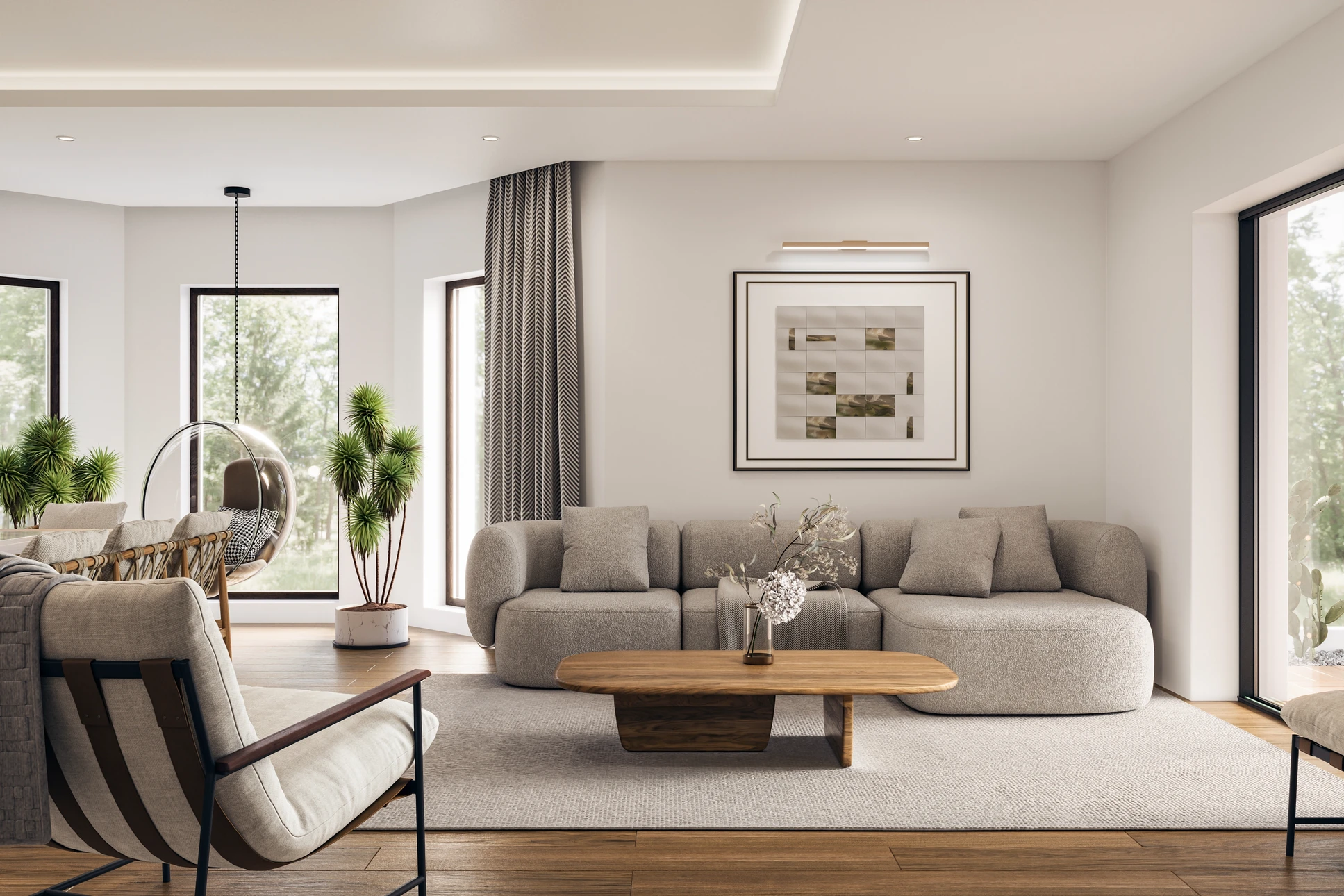 Salon moderne avec meuble TV intégré en bois foncé, étagères illuminées contenant objets décoratifs, écran plat encastré