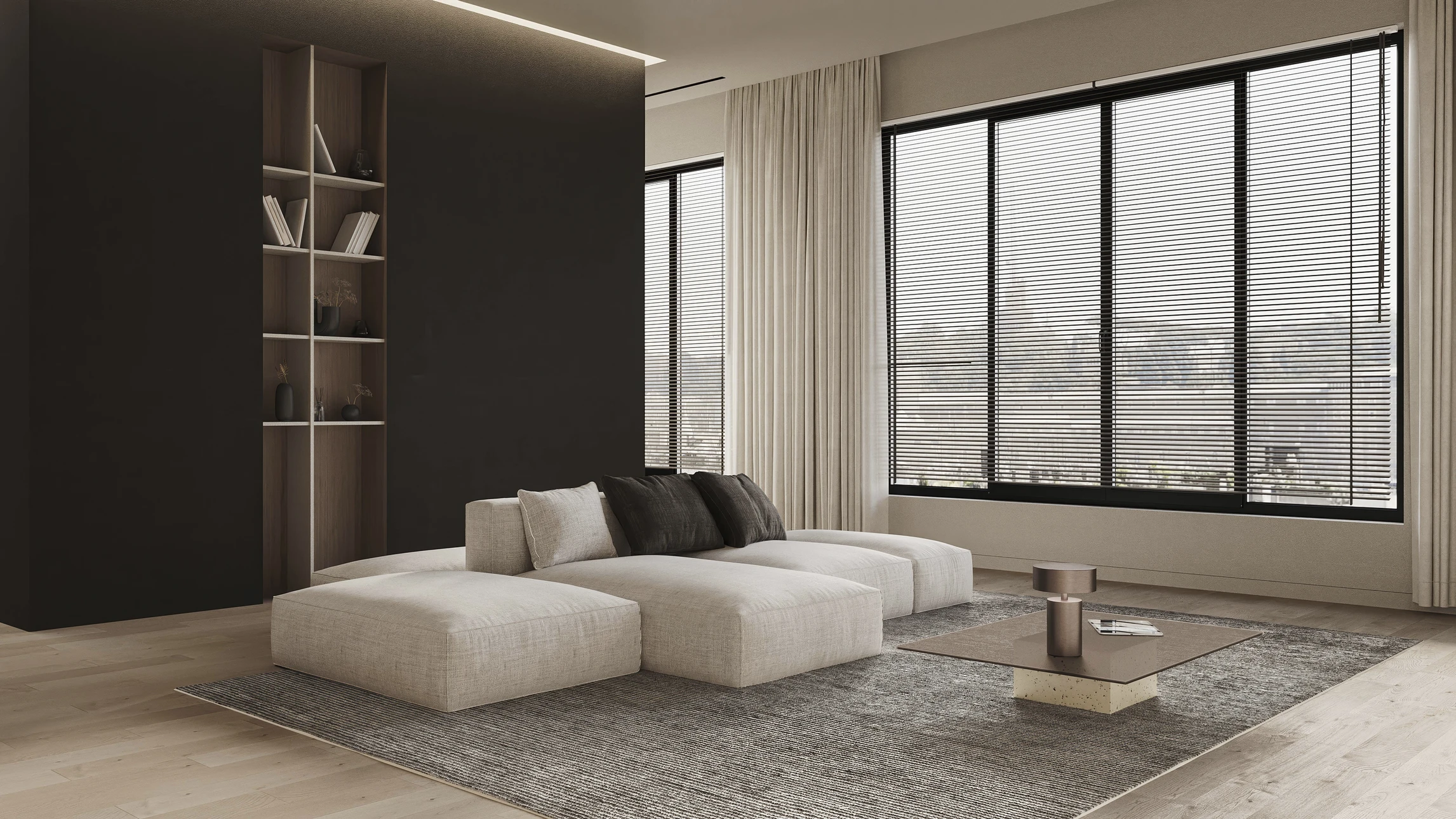 Salon moderne avec canapé d'angle blanc et méridienne, table basse en verre, bibliothèque métallique noire