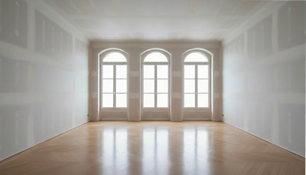 Chantier de rénovation intérieure en cours avec échelle verte, cloisons sèches partiellement installées, matériaux isolants apparents