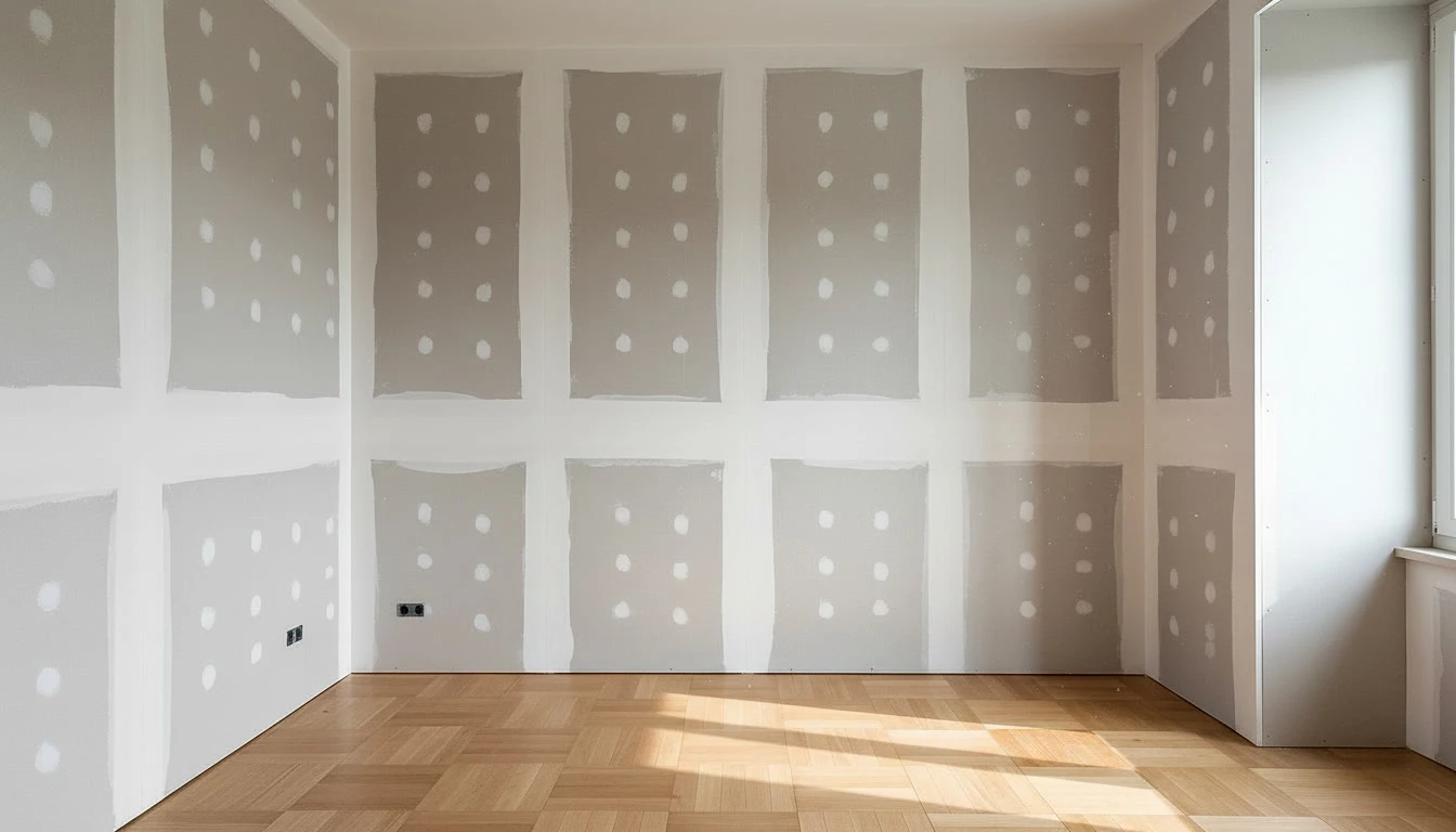 Salon moderne avec canap&eacute; blanc, table basse laqu&eacute;e blanche, meuble TV suspendu et &eacute;cran plat mural