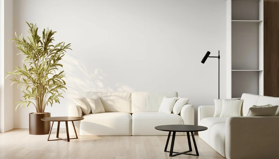 Salon moderne avec canap&eacute; d'angle blanc, table basse contemporaine sur tapis g&eacute;om&eacute;trique noir et blanc