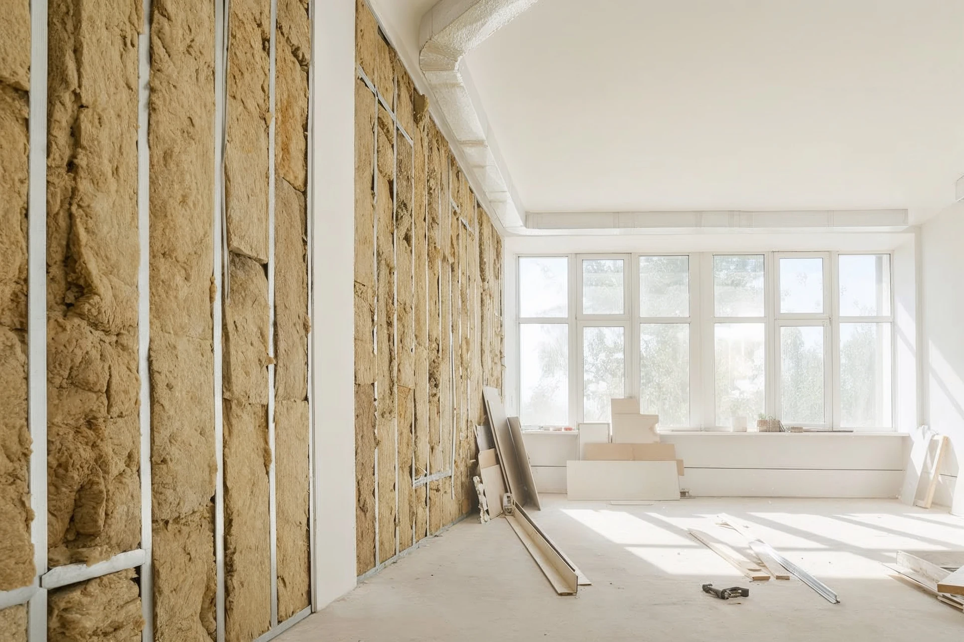 Intérieur résidentiel moderne avec coupe transversale d'un mur montrant les couches d'isolation thermique